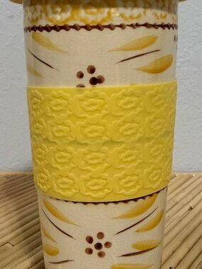 Temptations by Tara Old World Yellow Travel 7.5" Tumbler + Lid + Sleeve 16 oz.